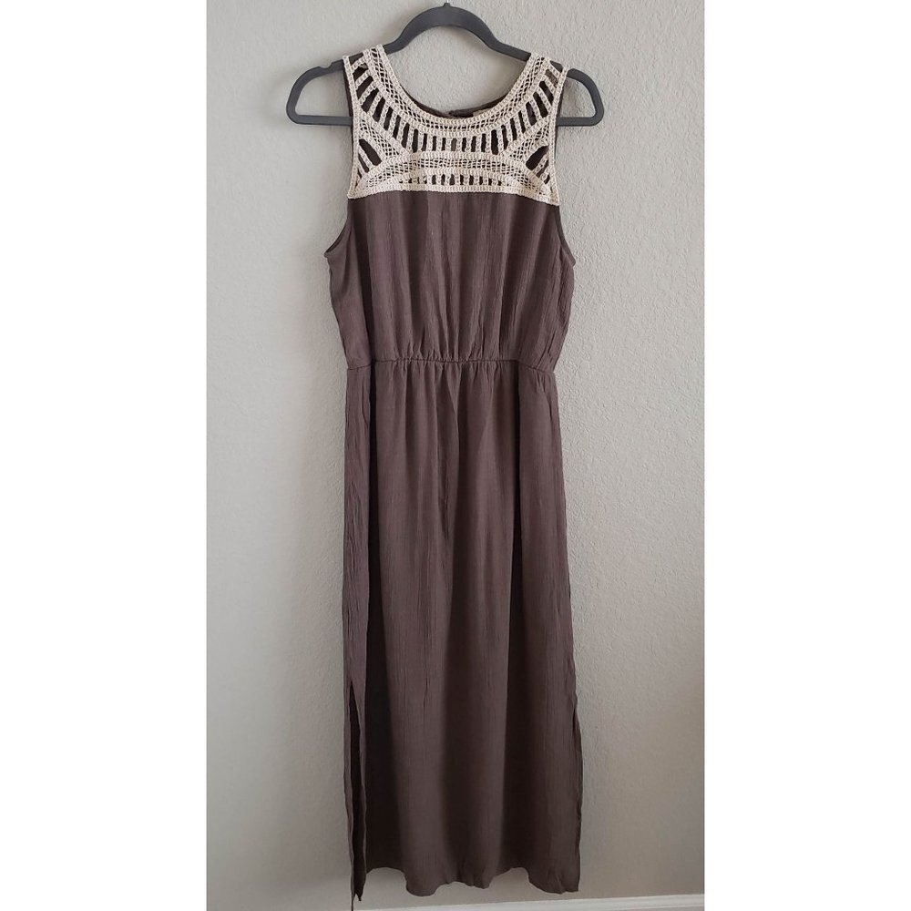 Cloth & People Women Size L Gauzy Maxi Dress with Crochet Top Lined Side Slits